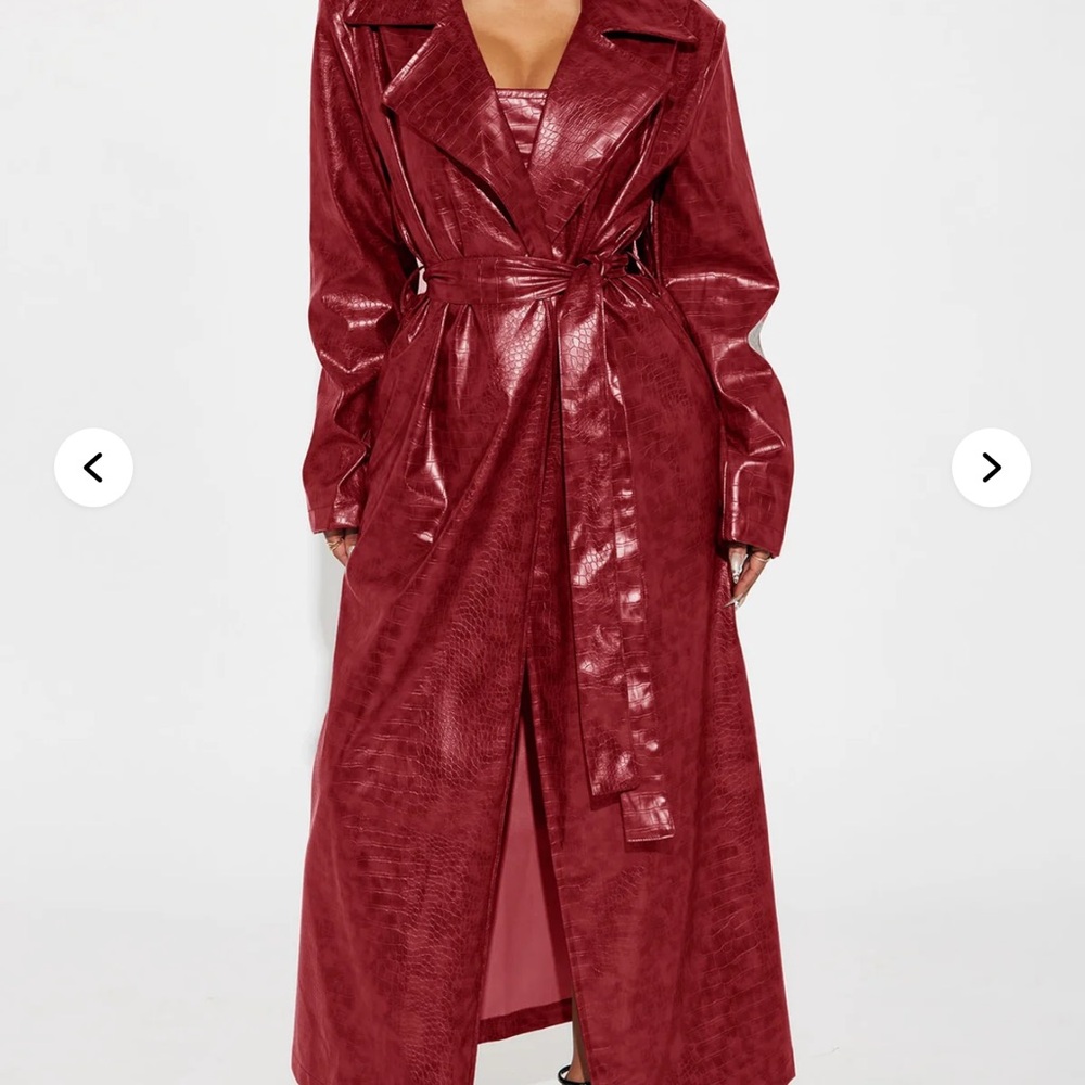 Wine/Red Faux Leather Trench Coat and mini dress set - Picture 3 of 4